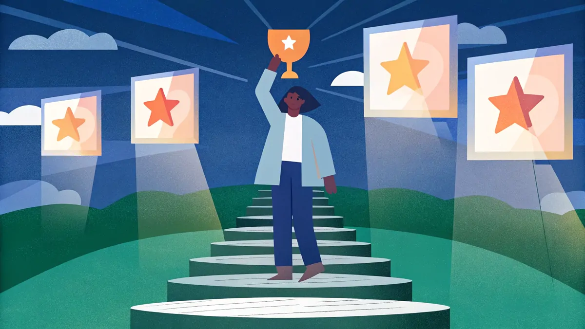 Personne en haut d'un escalier levant un trophée, entourée de cadres étoilés, illustrant le pouvoir des affirmations positives