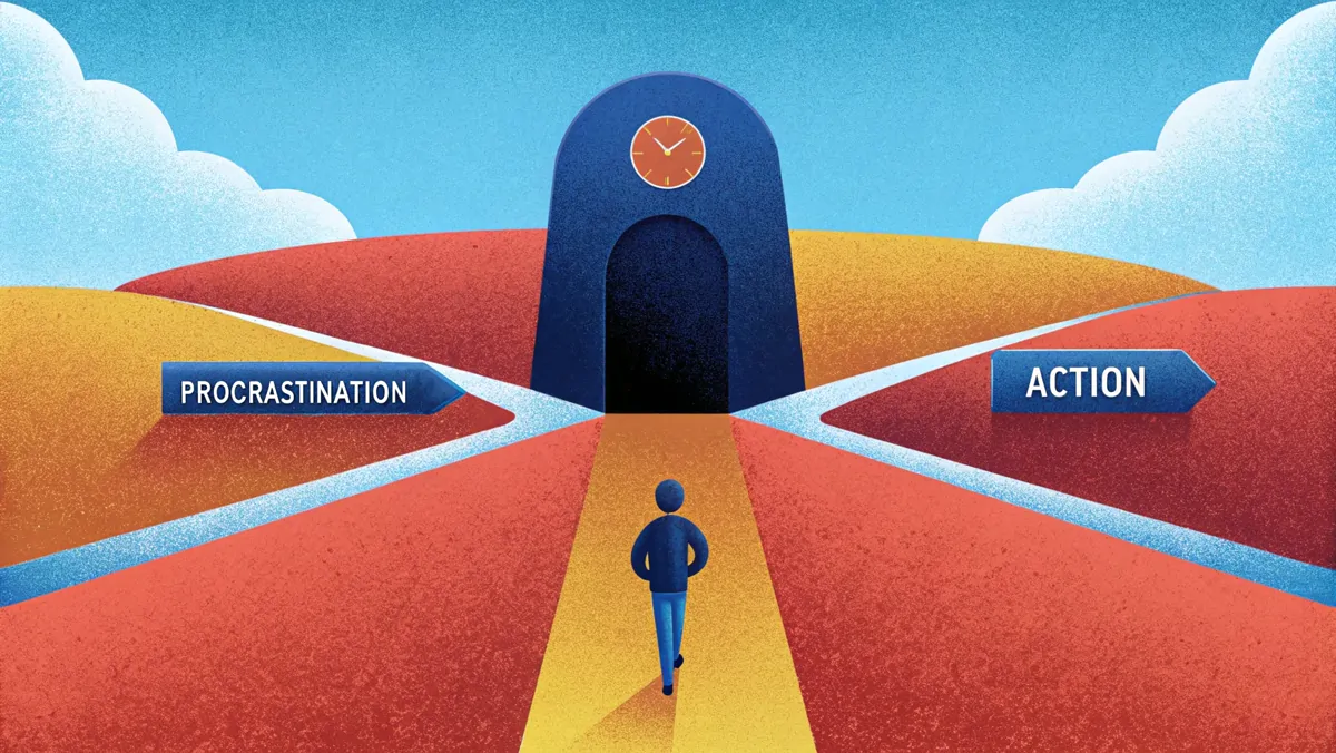 Personne marchant vers une porte à horloge entre deux panneaux procrastination et action, le choix d'agir maintenant