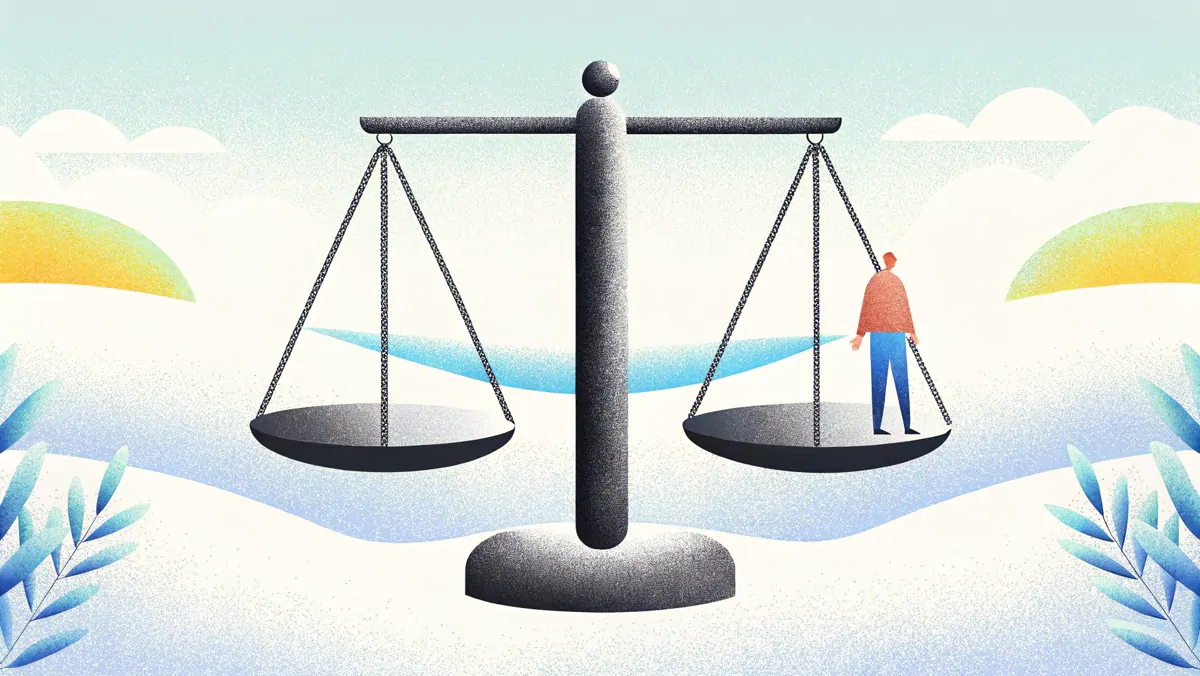 Petite silhouette debout sur le plateau d'une balance, évaluer sa zone de satisfaction