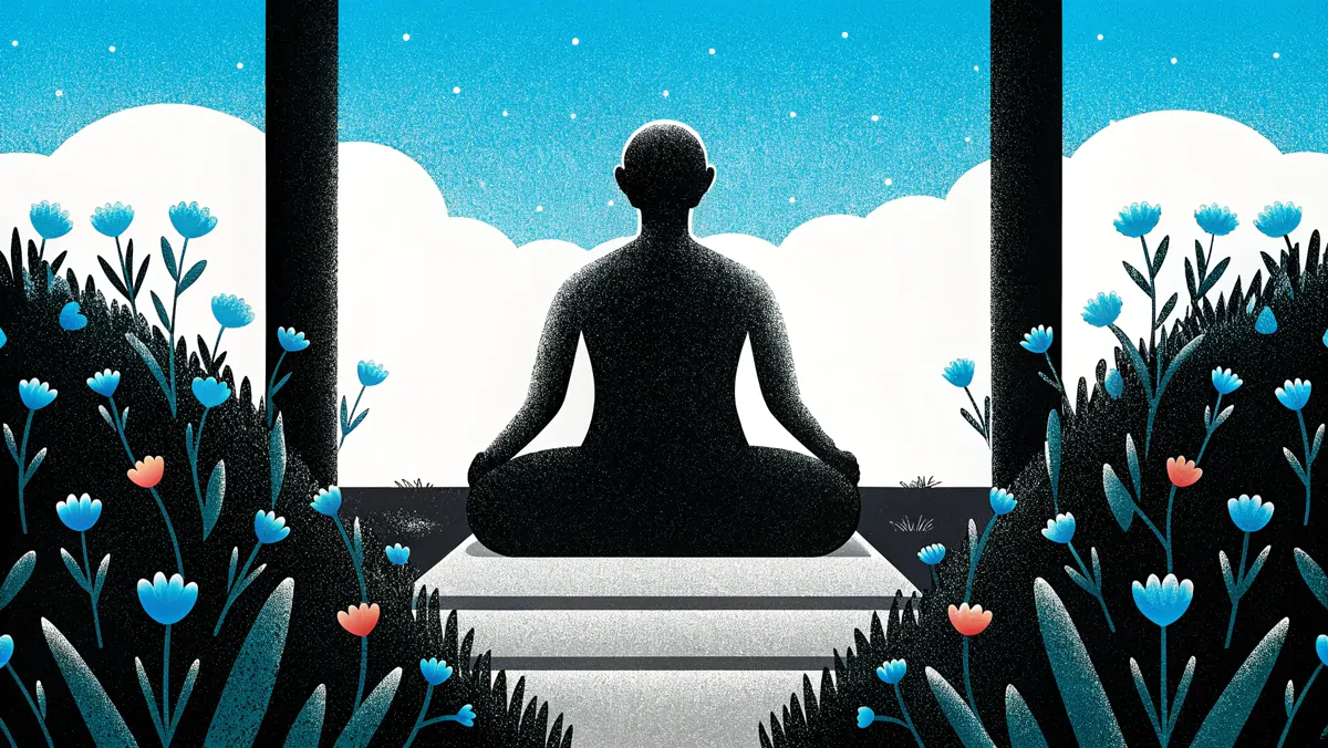 Silhouette méditant en tailleur entre des fleurs bleues, l'alignement entre bien-être et réussite