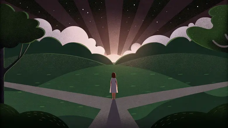 Silhouette debout à un carrefour sous un ciel étoilé qui s'illumine, choisir son chemin intérieur