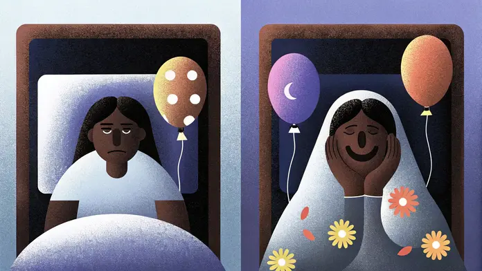 Deux portraits d'une même femme, triste d'un côté, apaisée et fleurie de l'autre, deux façons de vivre une crise
