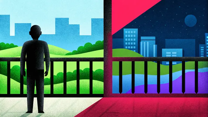Homme sur un balcon partagé entre une ville de jour et une ville de nuit, changer sa perception