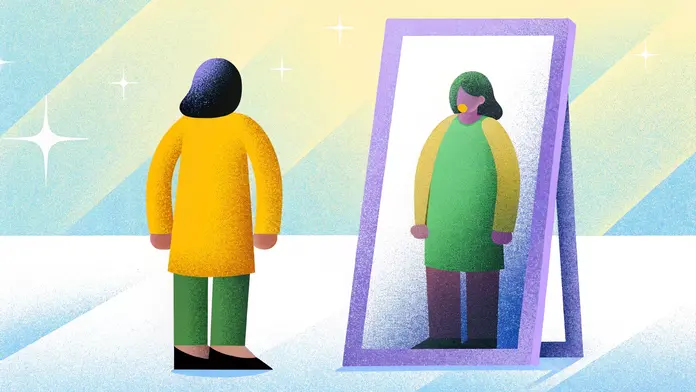 Femme face à un miroir qui renvoie une version d'elle-même différente, le futur soi comme une autre personne