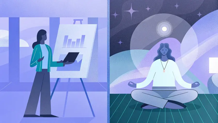 Dirigeante devant un tableau de bord business à gauche, femme en méditation sous un ciel nocturne à droite - différence entre coaching business classique et coaching mindset spirituel