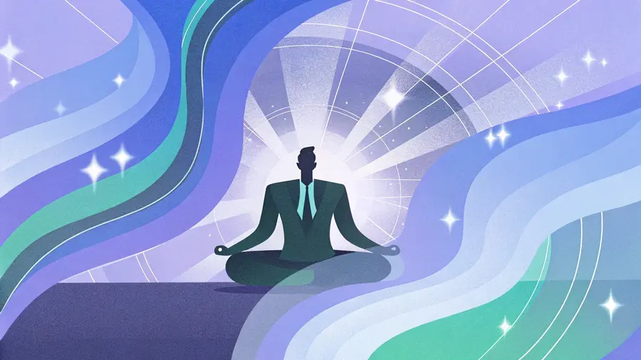 Dirigeant en costume en méditation entouré de rayons lumineux et d'étoiles - capacités intuitives développées et intuition business du coach mindset entrepreneur