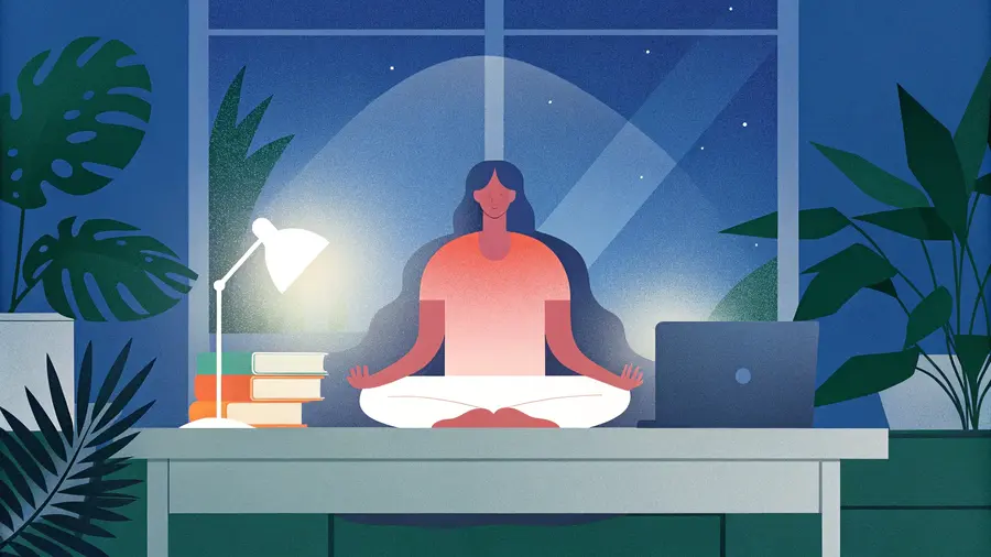 Dirigeante en méditation sur son bureau entourée de livres et d'un ordinateur - gestion du stress entrepreneurial et équilibre vie pro perso pour dirigeants