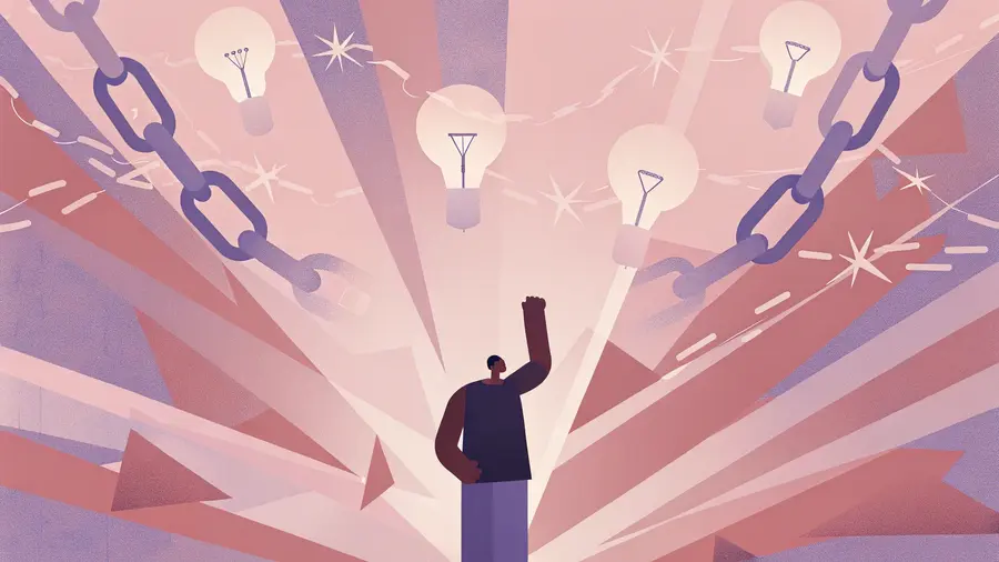 Dirigeant le poing levé brisant des chaînes entouré d'ampoules lumineuses - ROI du coaching mindset pour dirigeants et libération des blocages inconscients entrepreneuriaux