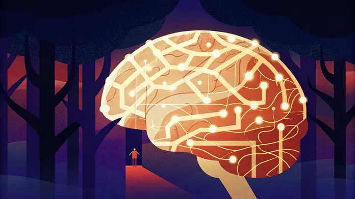 Petite silhouette face à un cerveau géant lumineux avec des connexions neuronales dans une forêt sombre - inconscient et blocages mentaux