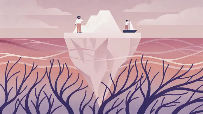 Iceberg avec deux personnages au sommet et racines profondes sous l'eau - part visible et inconsciente des croyances limitantes