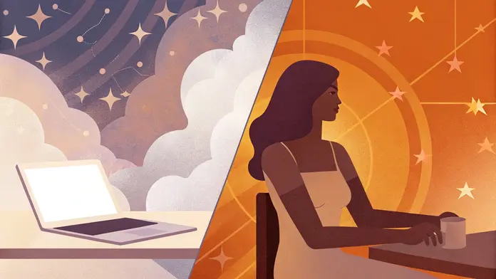 Femme assise regardant au loin entre un ordinateur portable et un ciel étoilé - transformation personnelle et libération des croyances limitantes