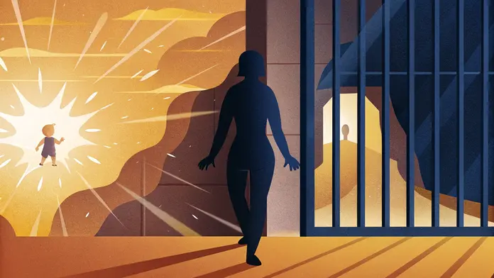 Silhouette adulte entre un enfant lumineux et une cellule de prison - enfant intérieur blessé et croyances limitantes qui emprisonnent