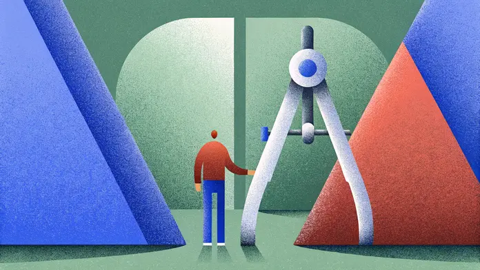 Une figure entre deux identités — un outil de design d'un côté, une main qui guide de l'autre, symbolisant la transition intérieure