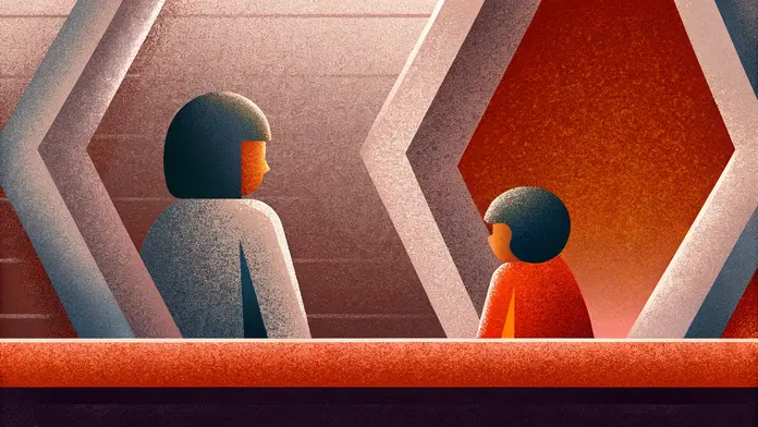 Deux figures abstraites en dialogue silencieux, l'une plus petite représentant l'enfant intérieur, illustrant le travail avec les parts