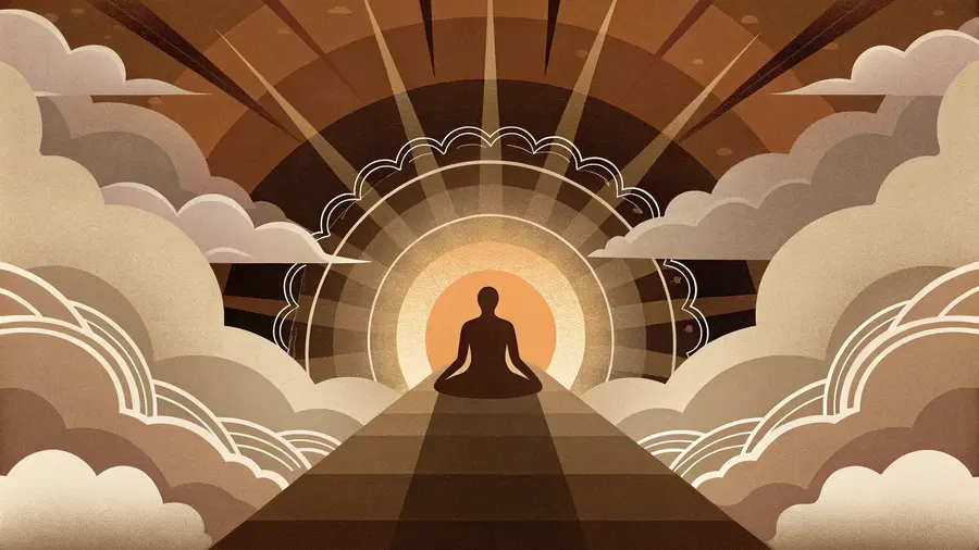 Silhouette en méditation entourée de rayons de lumière - illustration éveil spirituel
