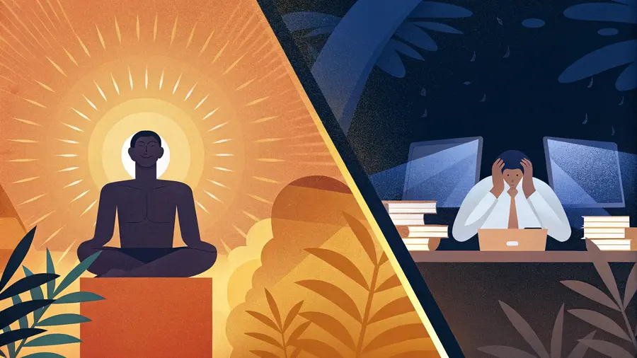 Illustration en deux parties : silhouette en méditation lumineuse à gauche, dirigeant épuisé devant son bureau à droite - éveil spirituel vs crise professionnelle
