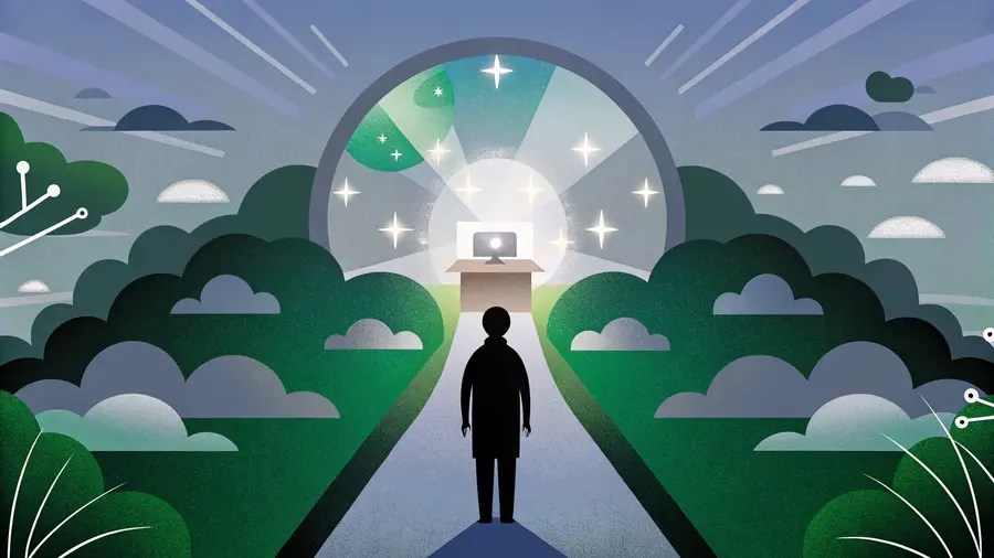 Silhouette marchant vers une arche lumineuse avec un bureau au centre - entrepreneuriat spirituel et mission de vie alignée