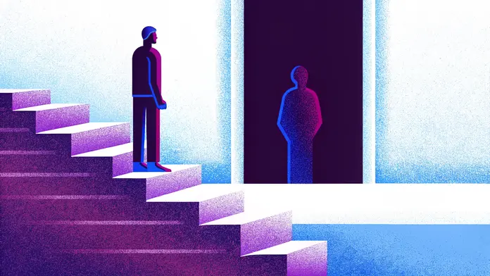 Silhouette au sommet d'un escalier face à une porte ouverte sur l'obscurité — illustration du blocage thérapeutique quand le praticien n'a pas exploré ses propres profondeurs