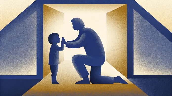 Adulte agenouillé face à un enfant, mains jointes dans la lumière d'une porte ouverte — illustration de la reconnexion avec son enfant intérieur et de la guérison par l'amour inconditionnel
