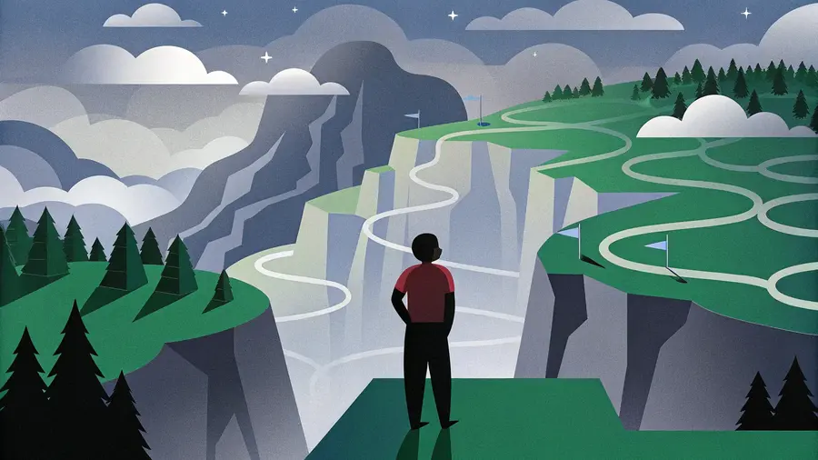 Personne face à un chemin sinueux vers des sommets verdoyants - méthode en 4 étapes pour retrouver la satisfaction authentique et sortir de l'insatisfaction chronique