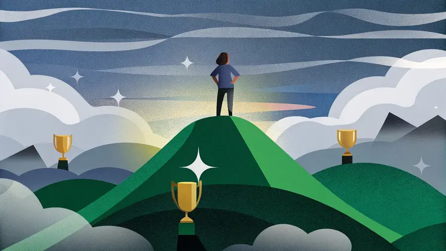 Femme au sommet d'une colline entourée de trophées savourant l'instant - transformation du jamais satisfait vers l'accomplissement authentique et l'art de savourer