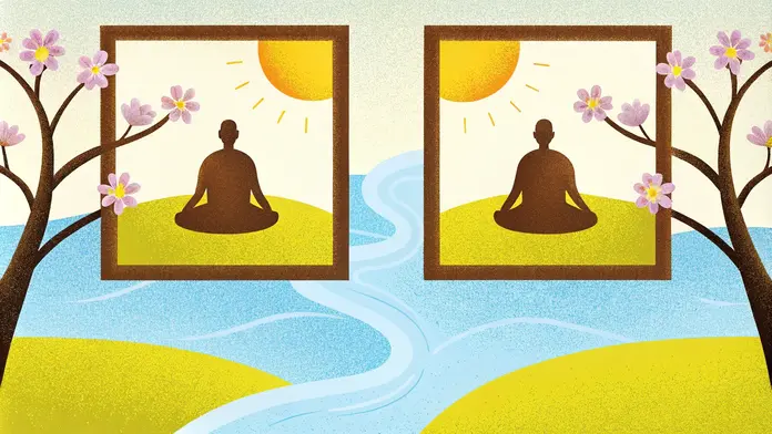 Deux tableaux d'une silhouette en méditation reliés par une rivière, le bien-être mental
