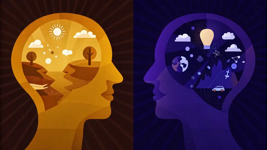 Deux profils de têtes en coupe : l'une dorée avec un paysage ensoleillé, l'autre violette avec des symboles scientifiques - conscient et subconscient en contraste