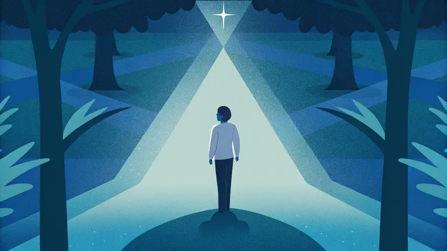 Silhouette marchant vers une étoile lumineuse dans une forêt bleue nocturne - transformation intérieure et reprogrammation du subconscient