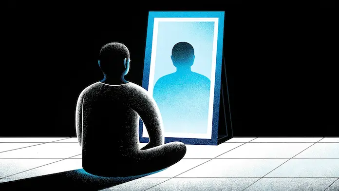 Silhouette assise face à son reflet lumineux dans un miroir - introspection et reconnexion à soi en thérapie spirituelle
