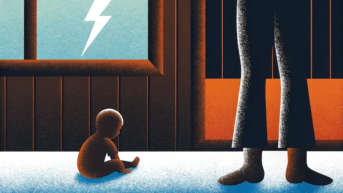 Enfant assis seul au sol face aux jambes d'un adulte sous un éclair - traumatisme de développement et blessures d'enfance