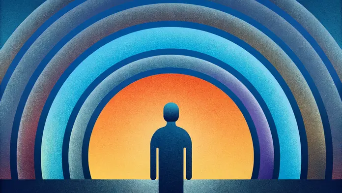 Silhouette debout face à des cercles concentriques colorés bleu et orange - reconnexion à sa véritable nature en thérapie spirituelle