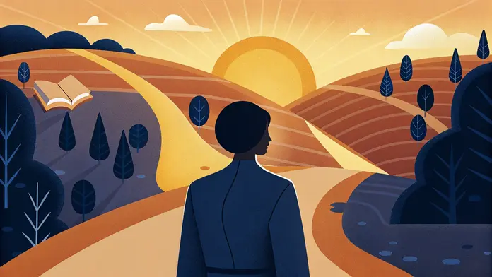 Personne de dos regardant un paysage de collines au lever du soleil, le lien entre pensées et émotions