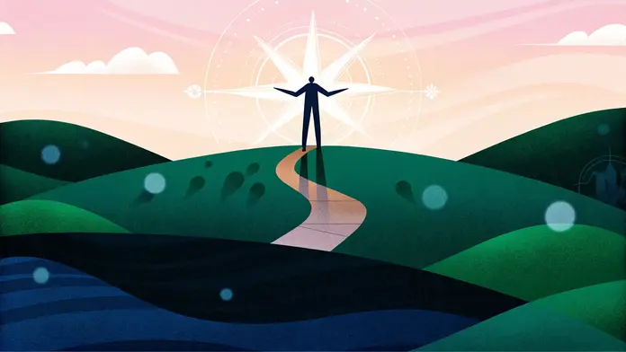 Silhouette les bras ouverts au bout d'un chemin sinueux sous une étoile, trouver sa mission de vie