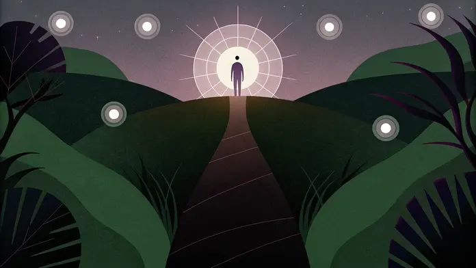 Silhouette au bout d'un chemin dans un halo de lumière entouré de sphères, visualiser ses buts